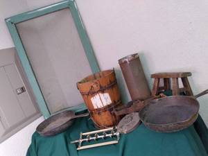 Vintage kitchen tools, window scree...
