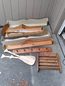 multiple wood coat rack shelving, a...