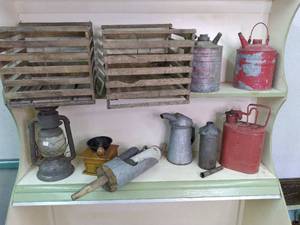 2 vintage crates, lantern, gas, & o...