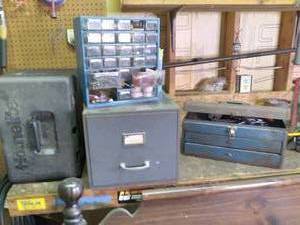 Chainsaw vase, small metal file cab...