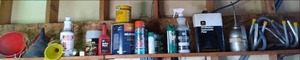 Lot of funnels, car fluids, paint, ...