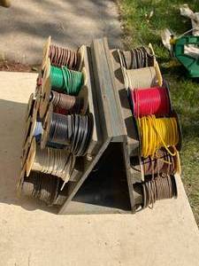 lot 156 image: Handmade Wire Rack Full of Assorted Spools of Wire