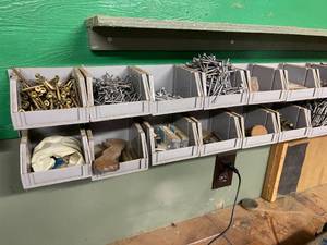 lot 200 image: Garage Wall Mount Bin Storage w Assorted Nails and Hardware