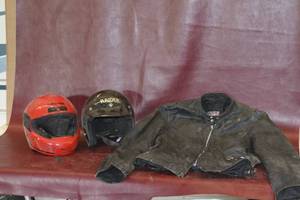 lot 51 image: Riding Gear - 2 helmets and a brooks leather jacket