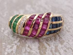 lot 9 image: Natural Ruby, Blue Sapphire, Emerald & Diamond Multi Channel Set Estate Ring in 18k Gold