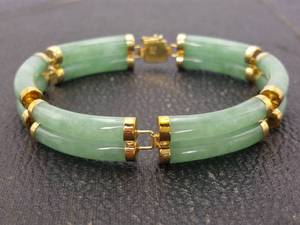 lot 14 image: Natural Jade Gemstone Good Fortune Clasped Bracelet in 14k Gold