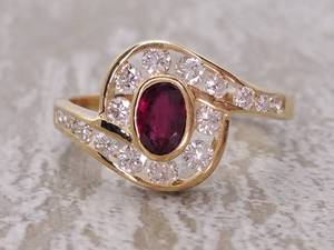 lot 17 image: Dark Red Bezel Set Natural Ruby and Diamond Estate Ring in 14k Gold