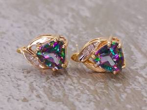 lot 43 image: 1.00 Carat Triangle Cut Mystic Topaz and Diamond Earrings