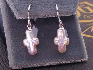 lot 51 image: Silky Pearl Cross Dangle Earrings in 14k Gold