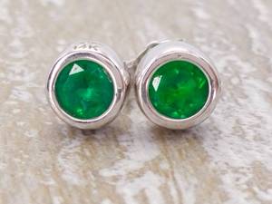lot 46 image: Bezel Set Round Chattam Emerald Stud Estate Earrings in 14k Gold