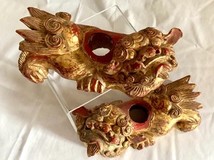 lot 19 image: Two Wooden Guilded Carved Foo Dog Candle Holders