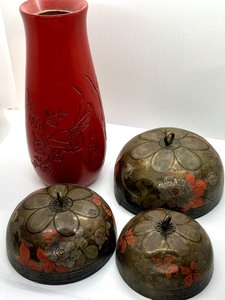 lot 37 image: Japanese Red Carved Vase & Three Brass Bells