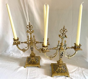 lot 63 image: Pair of Ornate Brass Candle Holders
