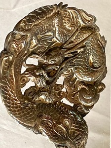 lot 62 image: Ornate Japanese Hand w Dragon Motif Heavily Carved (repaired)