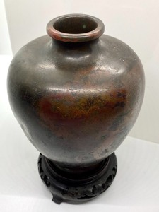 lot 242 image: Japanese Brass Vase with Storks and Mt. Fuji