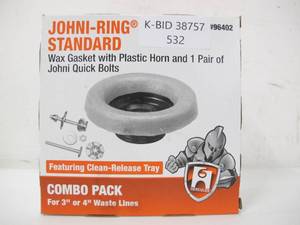 lot 532 image: Oatey Johni-Ring 3 in. - 4 in. Standard Toilet Wax Ring with Plastic Horn and Johni-Quick Brass Toilet Bolts