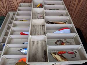 lot 213 image: Vintage Plano Tackle Box with Assortment of Fishing Tackle