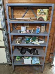 lot 290 image: Tall Metal 5-Shelf Adjustable Garage Shelf and All Contents