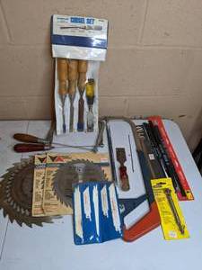 lot 296 image: Assortment of Tools Chisel Set, Hand Saw, Drill Bit, Etc.