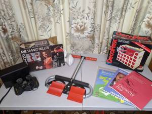 lot 128 image: Assorted Lot of Workout Equipment, Office Supplies, Binoculars, Etc.