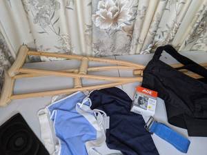 lot 133 image: Assortment of Medical Supplies Brace, Crutches, Etc.
