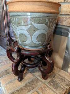 lot 45 image: Beautiful Large Terracotta Pot wWooden Stand, (7) Terracotta Pots