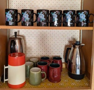 lot 57 image: Set of (4) Red Janet Derby Pottery Coffee Mugs made in England, Electric Kettle, Coffee Pot, Vintage Thermos, Coffee Mugs