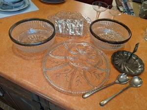 lot 24 image: Crystal Serving Trays, Crystal Bowl, Crystal Basket, Etched Glass Bride & Groom Champagne Glasses
