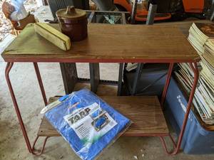 lot 269 image: Tarp, Metal and Wood Laminate Stand, Ceramic Pot and Brush