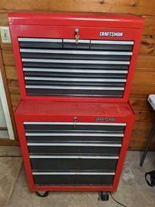 lot 5 image: Craftsmans 5 Drawer Steel Rolling Tool Cabinet (Red) w 5-Drawer Steel Tool Chest & Misc. Tools & Supplies