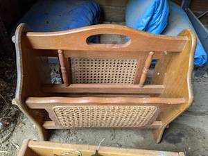lot 311 image: Vintage Woven Wood Magazine Rack and (2) Vintage Chandeliers