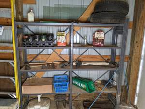 lot 321 image: Tall Metal 4-Shelf Garage Shelf and All Contents