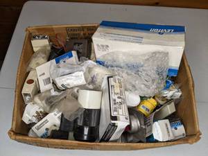 lot 257 image: Box Full of Leviton Electrical Supplies