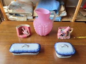 Pink Glass Pitcher & 2-Dresser Boxes