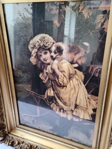 lot 70 image: Ornate Vintage Framed Girl and Dog Print