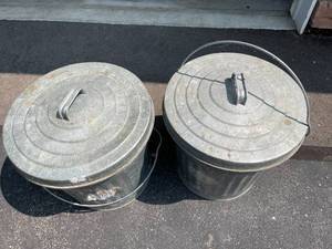 lot 233 image: 2 Behrens Galvanizes Covered Bins with Birdseed and Scoops