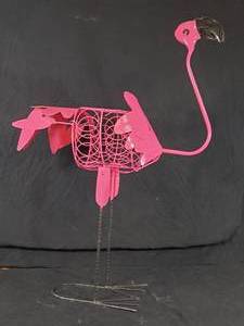 New Large Handmade Recycled Metal Pink Flamingo Planter
