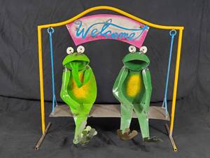 New Large Handmade Recycled Metal Welcome Frogs on Swing Garden Art