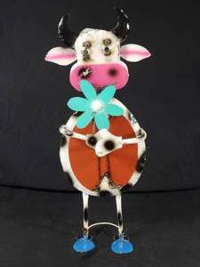 New Large Recycled Metal Cow with Flower