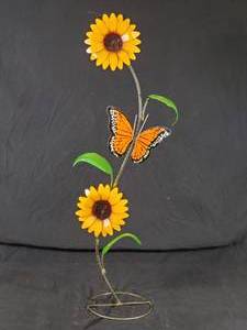 New Large Handmade Recycled Metal Garden Art Sunflowers and Butterfly