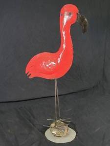New Large Handmade Recycled Metal Pink Flamino on Rock Base