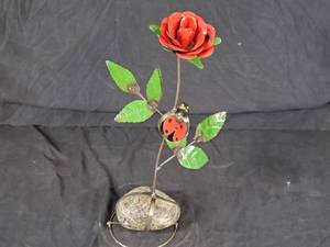 New Handmade Recycled Metal Garden Art Rose with Ladybug