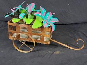 New Handmade Recycled Metal Garden Art Wagon with Flowers