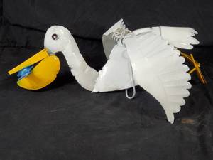 New Handmade Recycled Metal Flying Pelican with Fish and Moving Wings