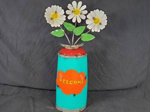 New Handmade Recycled Metal Garden Art Milkcan Welcome Sign with Flowers