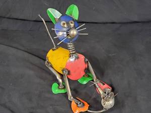 New Handmade Recycled Metal Garden Art Cat with Mouse