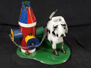 New Handmade Recycled Metal Garden Art Dog Peeing on Fire Hydrant