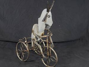 New Handmade Recycled Metal Garden Art Goat on Trike Planter