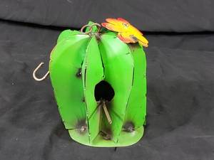 New Handmade Recycled Metal Flowering Cactus Birdhouse