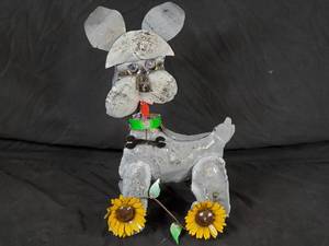 New Handmade Recycled Metal Garden Art Dog with Sunflowers